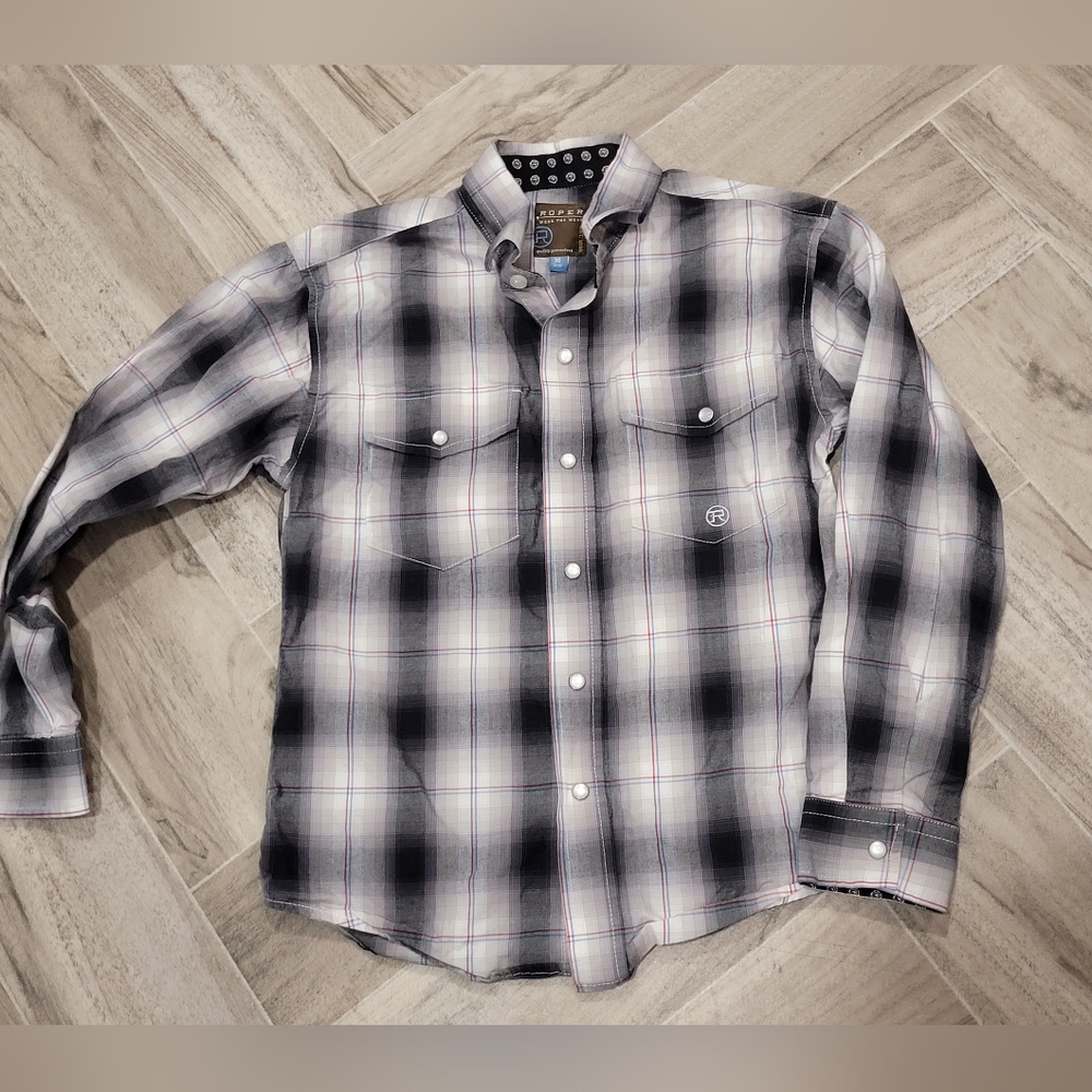 Roper western Rodeo shirt boys Gray and black plaid M
